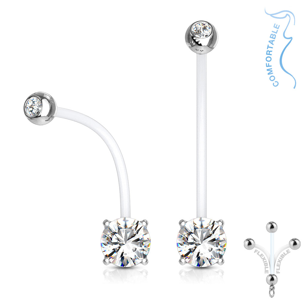 Double Jeweled Prong Set Round CZ Pregnancy Belly Rings Bioflex with 316L Surgical Steel Balls